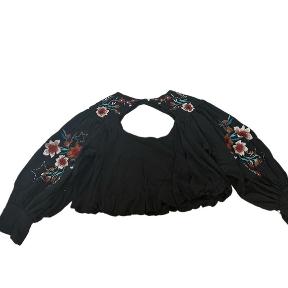FREE PEOPLE Lita Front Cutout BLOUSE Floral Embroidered Cotton Black Top Size XS - Picture 10 of 10